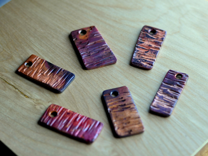 Hammered Copper Pendant and Necklace in Wood Grain Styling with Sheen
