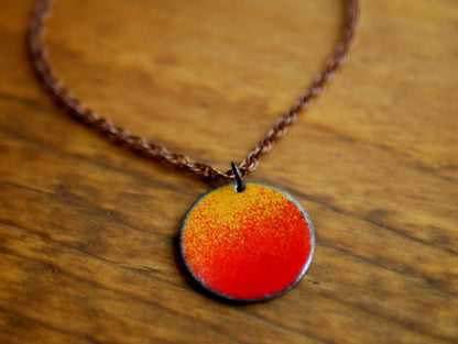 Round Sunset Ombre Necklace *Copper Necklace * Enamel Jewelry * Boho Jewelry *  Handmade Enamel Jewelry * Fire Pendant* Enameled Necklace