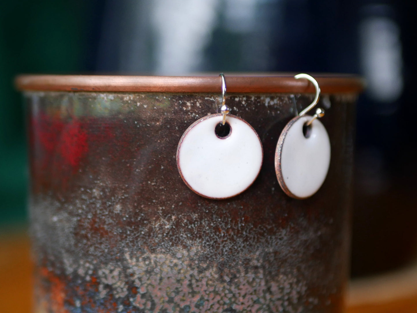 White Short Dangle Earrings Women * Copper Enamel Jewelry * Handmade Earrings * Round Earrings * Circle Jewelry * Enameled Copper Earrings