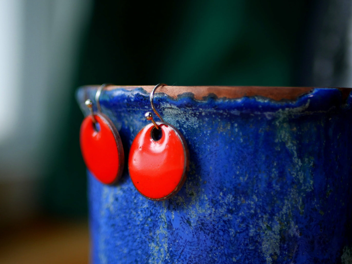 Flame Orange Short Dangle Earrings Women * Copper Enamel Jewelry * Handmade Earrings * Round Earrings * Circle Jewelry * Enameled Copper