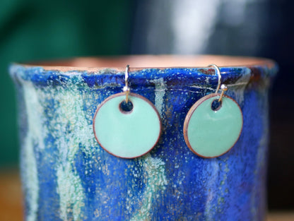 Sea Foam Green Short Dangle Earrings Women * Copper Enamel Jewelry * Handmade Earrings * Round Earrings * Circle Jewelry * Enameled Copper