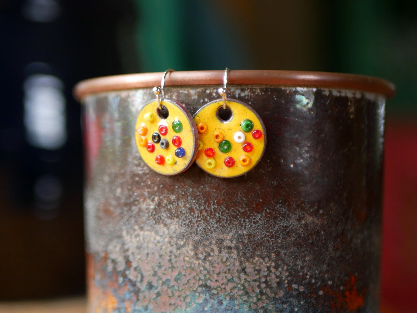 Yellow Enamel Confetti Earrings * Glass Dangle Earrings*  Celebration Jewelry * Polka Dot Earrings * Party Jewelry * Pattern Earrings