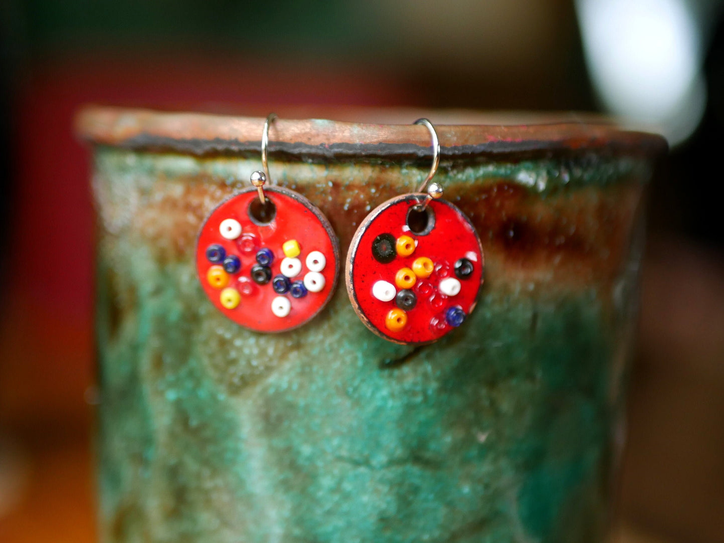 Red Enamel Confetti Earrings * Glass Dangle Earrings*  Celebration Jewelry * Polka Dot Earrings * Party Jewelry * Pattern Earrings