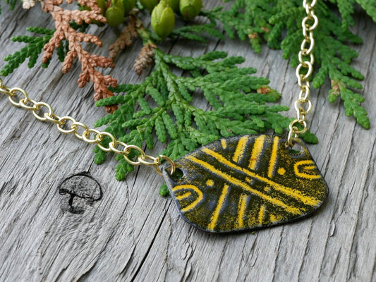 Black & Yellow Doodle Pendant *Copper Necklace * Enamel Jewelry * Sgraffito Jewelry *  Handmade Enamel Jewelry * Enameled Necklace *