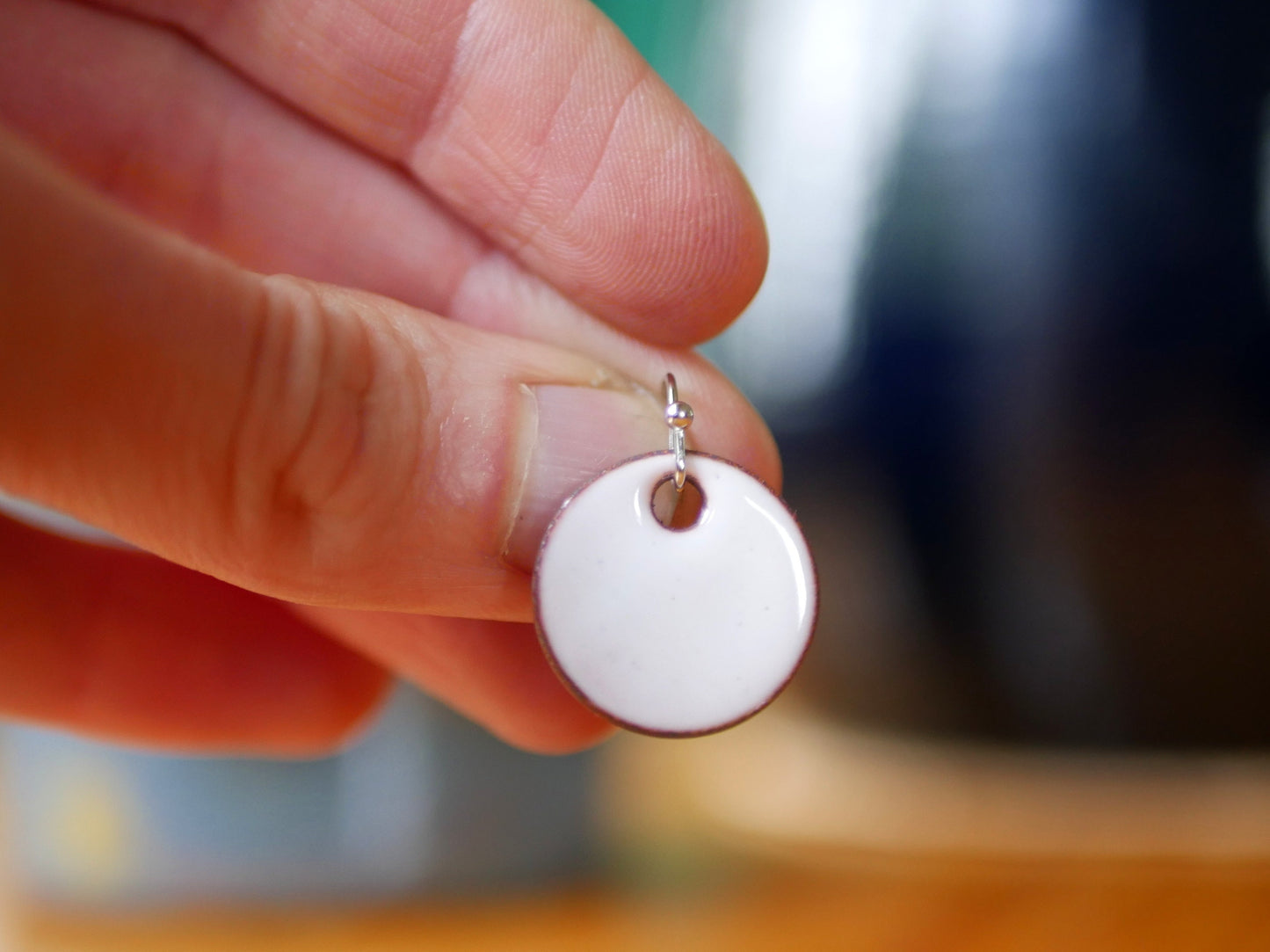 White Short Dangle Earrings Women * Copper Enamel Jewelry * Handmade Earrings * Round Earrings * Circle Jewelry * Enameled Copper Earrings