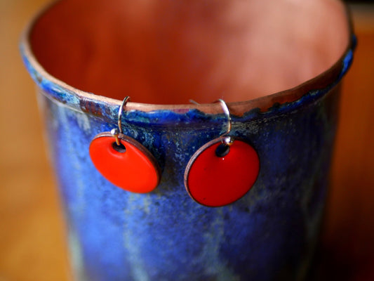 Flame Orange Short Dangle Earrings Women * Copper Enamel Jewelry * Handmade Earrings * Round Earrings * Circle Jewelry * Enameled Copper