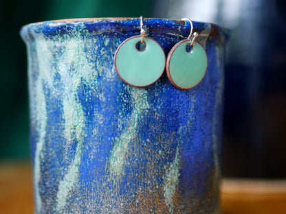 Sea Foam Green Short Dangle Earrings Women * Copper Enamel Jewelry * Handmade Earrings * Round Earrings * Circle Jewelry * Enameled Copper