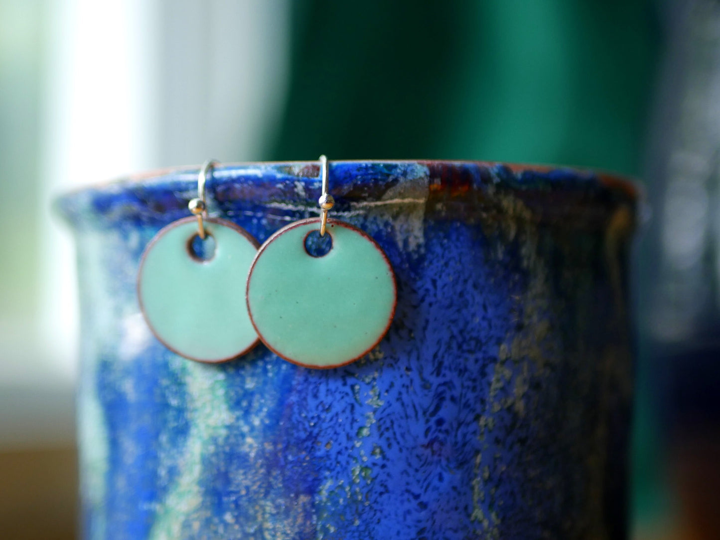 Sea Foam Green Short Dangle Earrings Women * Copper Enamel Jewelry * Handmade Earrings * Round Earrings * Circle Jewelry * Enameled Copper