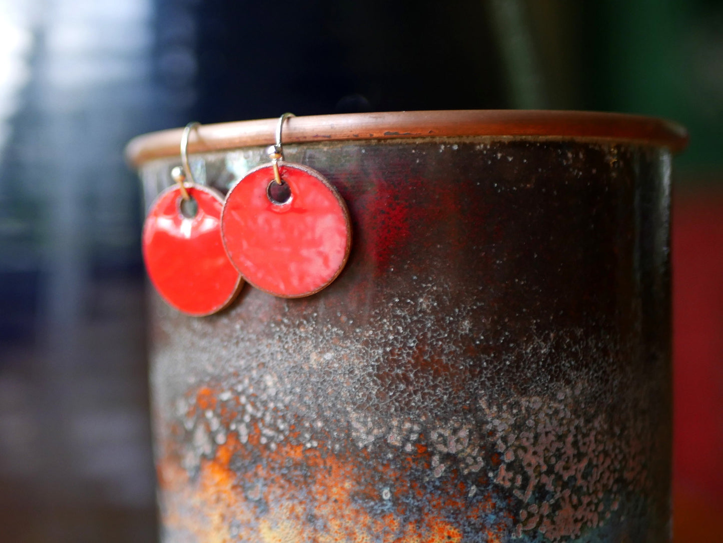 Flame Red Short Dangle Earrings Women * Copper Enamel Jewelry * Handmade Earrings * Round Earrings * Circle Jewelry * Enameled Copper