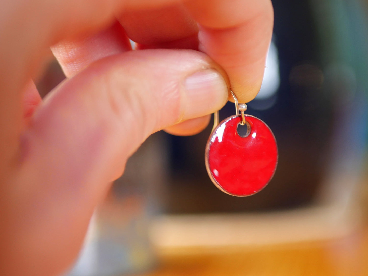 Flame Red Short Dangle Earrings Women * Copper Enamel Jewelry * Handmade Earrings * Round Earrings * Circle Jewelry * Enameled Copper