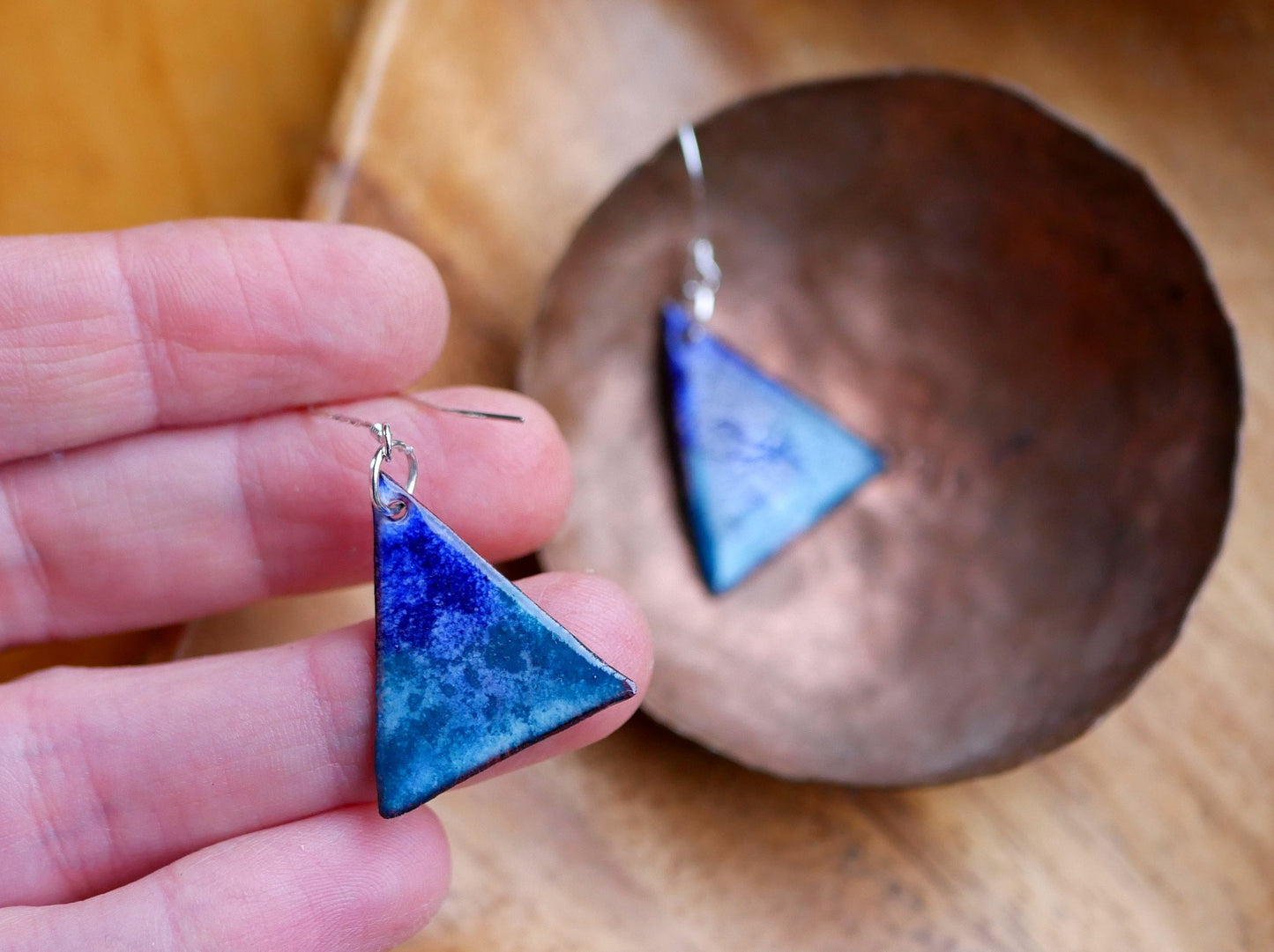 Blue Triangle Earrings Women * Copper Enamel Jewelry* Handmade Earrings * Unique Earrings* Watercolor Jewelry* Enameled Copper