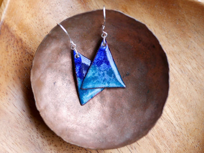 Blue Triangle Earrings Women * Copper Enamel Jewelry* Handmade Earrings * Unique Earrings* Watercolor Jewelry* Enameled Copper