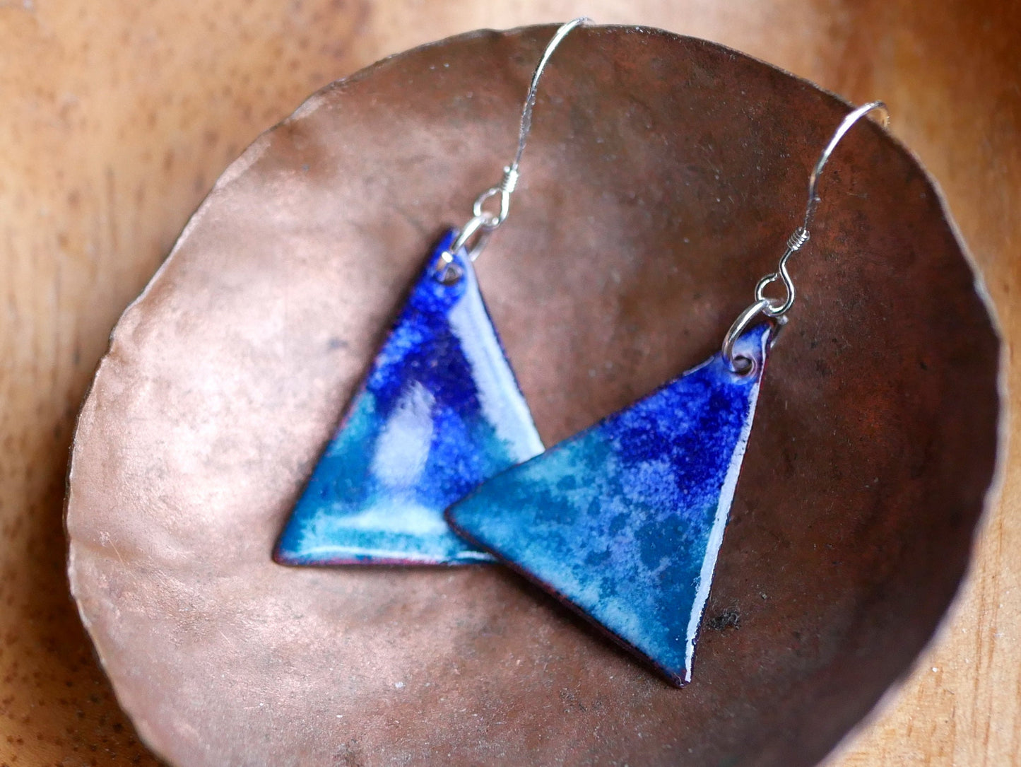 Blue Triangle Earrings Women * Copper Enamel Jewelry* Handmade Earrings * Unique Earrings* Watercolor Jewelry* Enameled Copper