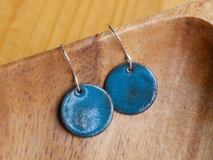 Aqua Blue Green Short Dangle Earrings Women * Copper Enamel Jewelry *Handmade Earrings *Round Earrings *Circle Jewelry * Enameled Copper