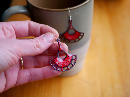 Long Red Dangle Fan Earrings Women * Copper Enamel Jewelry *Handmade Earrings *Round Earrings *Circle Jewelry * Enameled Copper