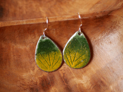 Hand Enameled Leaf Earrings * Green and Yellow Jungle Jewelry * Colorful Dangle Earrings * Spring Jewelry * Torch Fired Enamel * Leafy