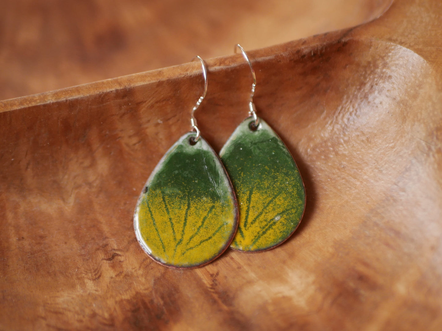 Hand Enameled Leaf Earrings * Green and Yellow Jungle Jewelry * Colorful Dangle Earrings * Spring Jewelry * Torch Fired Enamel * Leafy