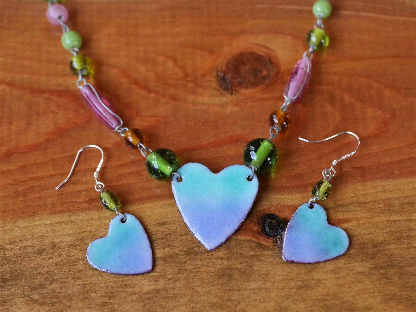 Heartfully Yours Blue Necklace Set * Colorful Earrings and Unique Necklace Set *Heart Jewelry * Enameled Necklace * Love Jewelry