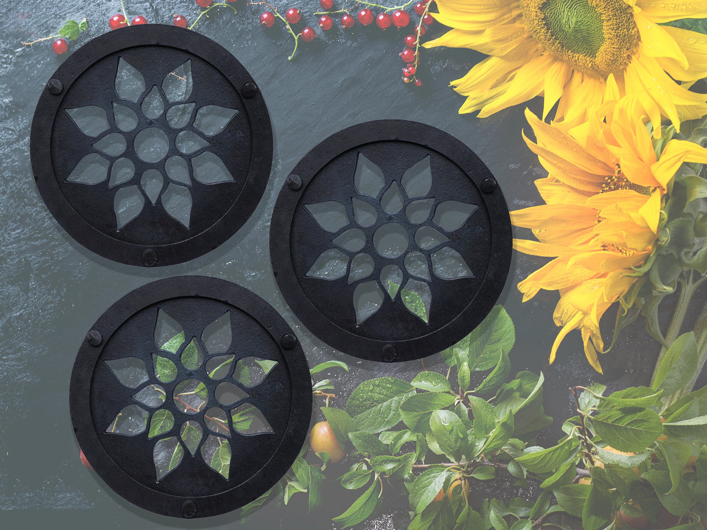 Sunflower Trivet Set of 3 * Metal Trivets for Hot Dishes * Black Trivets for Hot Pan * Hot Plate Holders * Iron Pot Stand * Hot Plate