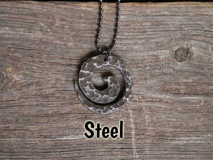 Handmade Spiral Necklace * Brass Copper Steel Swirl Pendant * Wave Surfer Necklace Men * Water Necklace for Men * Hammered Necklace for Him