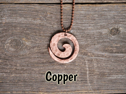 Handmade Spiral Necklace * Brass Copper Steel Swirl Pendant * Wave Surfer Necklace Men * Water Necklace for Men * Hammered Necklace for Him