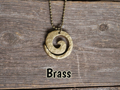 Handmade Spiral Necklace * Brass Copper Steel Swirl Pendant * Wave Surfer Necklace Men * Water Necklace for Men * Hammered Necklace for Him