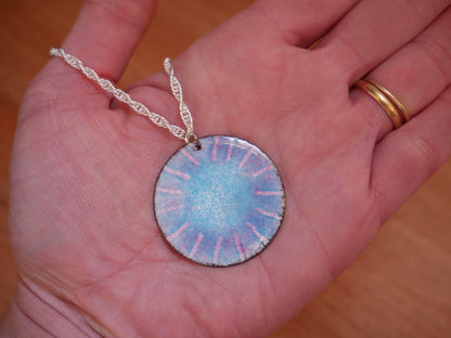 Sky Blue Enameled Necklace * Pink and Blue Copper Enamel Jewelry* Handmade Necklace * Unique Pendant * Circle Jewelry* Enameled Copper