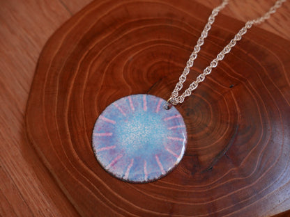 Sky Blue Enameled Necklace * Pink and Blue Copper Enamel Jewelry* Handmade Necklace * Unique Pendant * Circle Jewelry* Enameled Copper