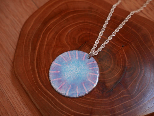 Sky Blue Enameled Necklace * Pink and Blue Copper Enamel Jewelry* Handmade Necklace * Unique Pendant * Circle Jewelry* Enameled Copper