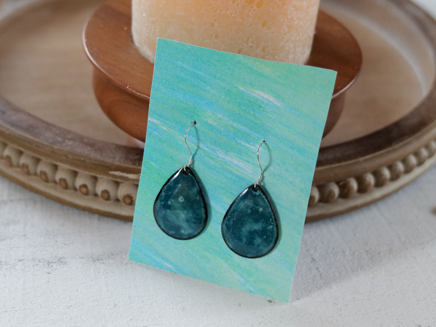 Teal Ocean Depths Swirl Earrings *Dangle Earrings Women * Copper Enamel Jewelry *Handmade Earrings *Round Earrings Enameled Copper Teardrop