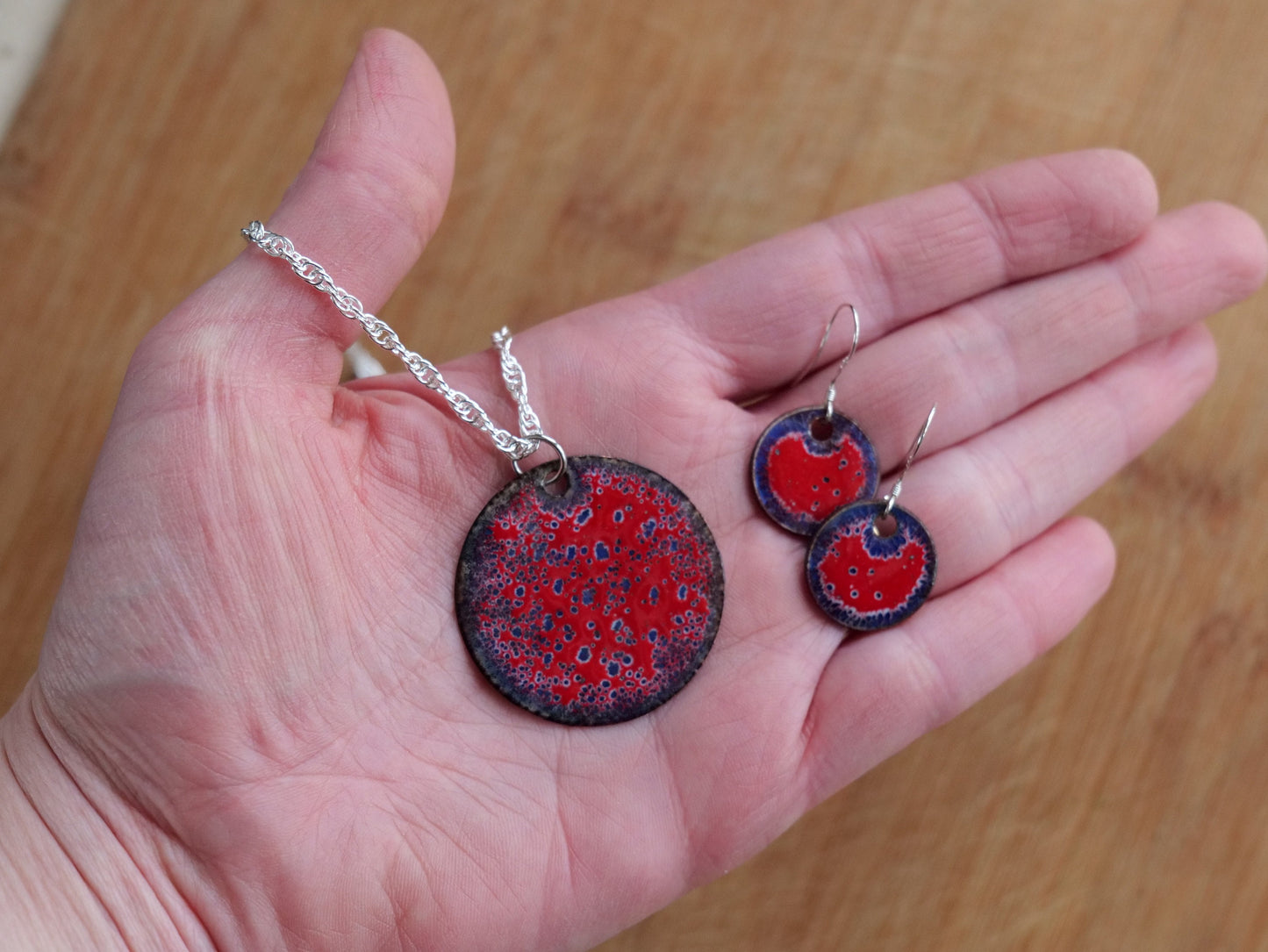 Purple and Red Necklace and Earring Set * Red Hat Ladies Jewelry * Red Hat Society Enameled Jewelry * Hand Enameled Pendant