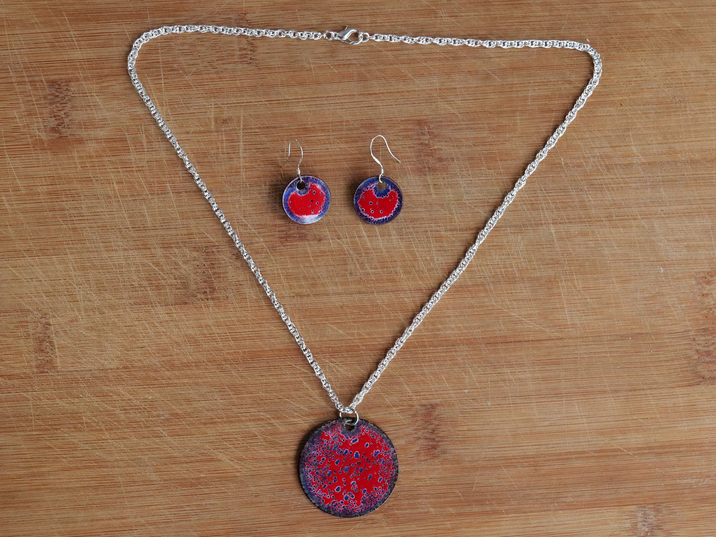 Purple and Red Necklace and Earring Set * Red Hat Ladies Jewelry * Red Hat Society Enameled Jewelry * Hand Enameled Pendant