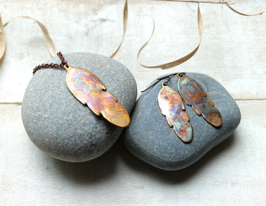 Feather Necklace & Feather Earrings * Flame Painted Copper Jewelry Set * Copper Boho Jewelry * 7 Year Anniversary * Hypoallergenic Earrings