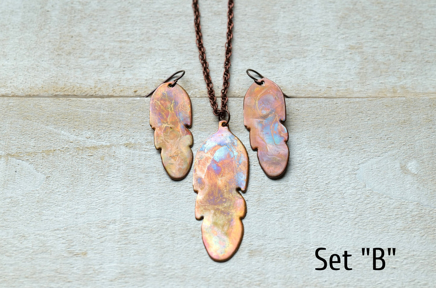 Feather Necklace & Feather Earrings * Flame Painted Copper Jewelry Set * Copper Boho Jewelry * 7 Year Anniversary * Hypoallergenic Earrings