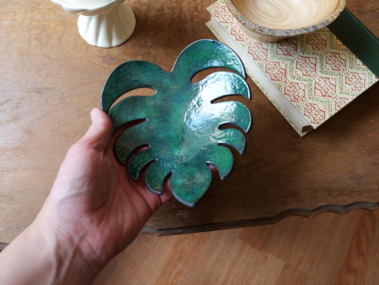 Enameled Monstera Leaf Copper Bowl * Boho Gifts * Hand Forged Copper Bowl Blacksmith Made Hammered Dish Gift for Men Copper Gifts for Her