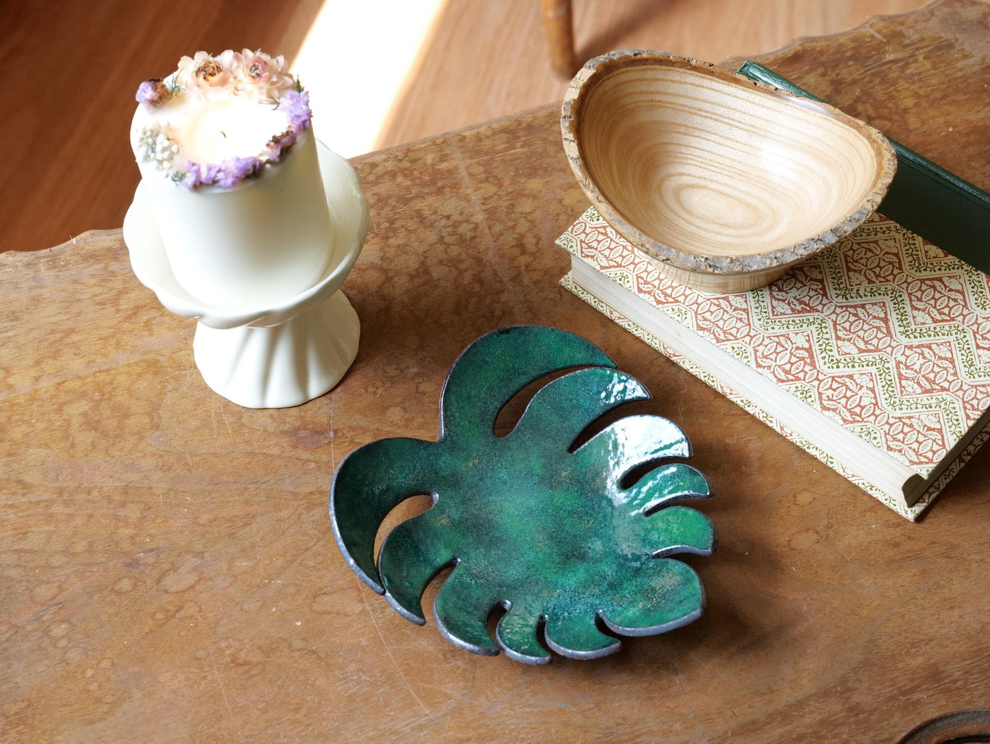 Enameled Monstera Leaf Copper Bowl * Boho Gifts * Hand Forged Copper Bowl Blacksmith Made Hammered Dish Gift for Men Copper Gifts for Her