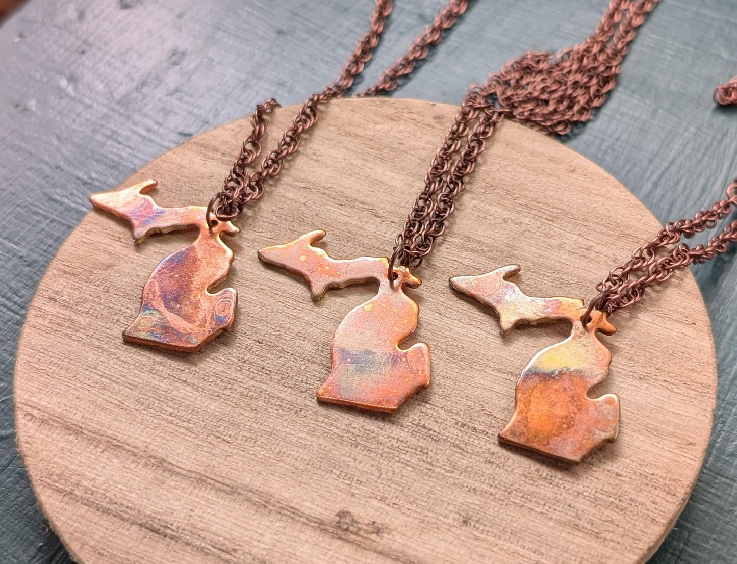 Flame Painted Copper Michigan Necklace * Michigan Copper Necklace * State Necklace Michigan * Michigan Pendant * Michigan Jewelry Shapes