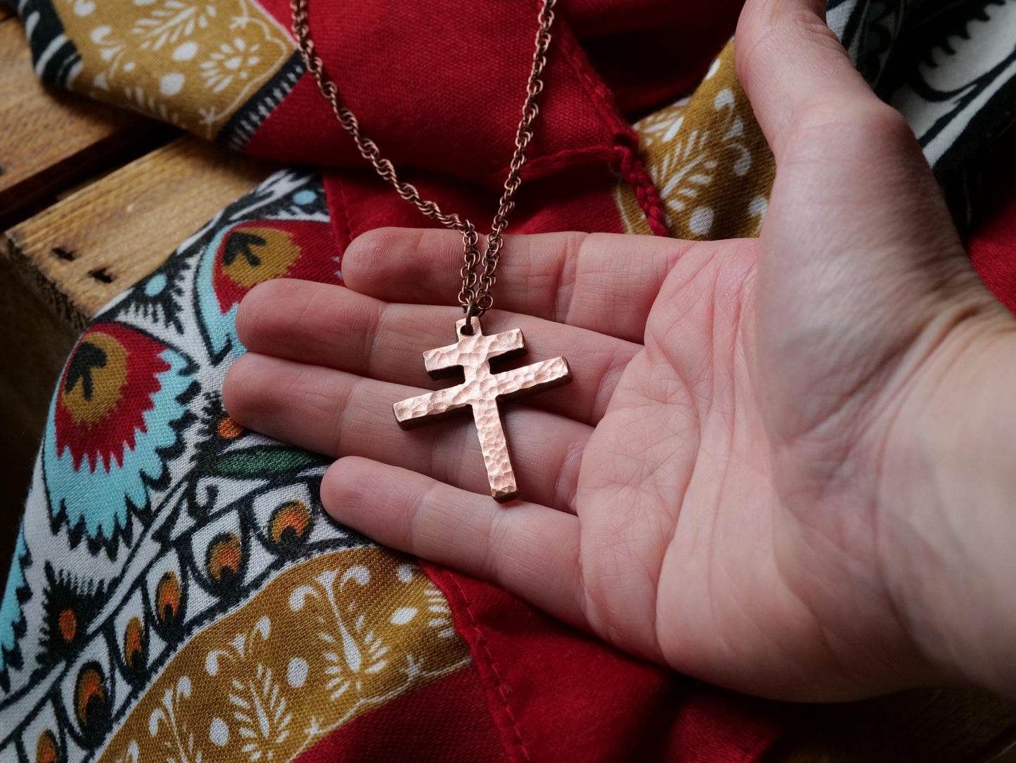 Hand Forged Copper Patriarchal Cross Necklace * Cross of Lorraine Necklace * Gift for Men or Women * Double Cross Necklace * Handmade Copper