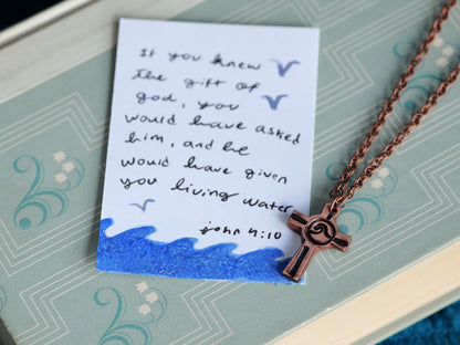 Stamped Cross Copper Water Necklace * Small Wave Pendant * Wave Jewelry for Men or for Women * Bible Verse Gifts * John 4:10