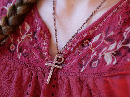 Hand Forged Copper Monogrammatic Cross * Tau-Rho Cross Pendant * Gift for Men or Women * Forged Cross Necklace * Handmade Copper Necklace