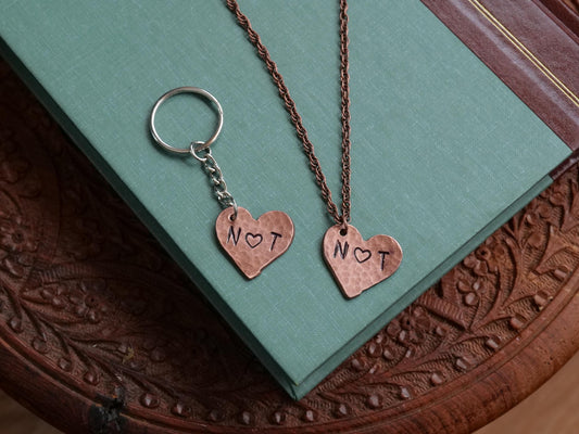 Copper Heart Necklace and Keychain* His and Hers Gifts * Initial Necklace * His and Hers Gift Set * 7 Year Anniversary Gift for Him for Her