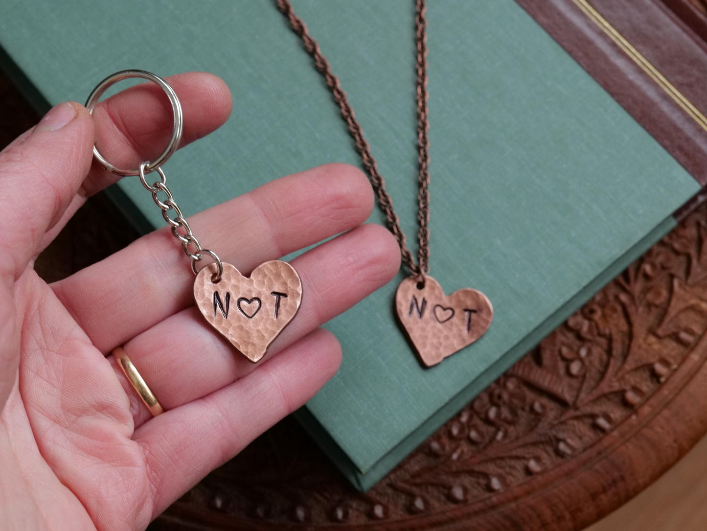 Copper Heart Necklace and Keychain* His and Hers Gifts * Initial Necklace * His and Hers Gift Set * 7 Year Anniversary Gift for Him for Her