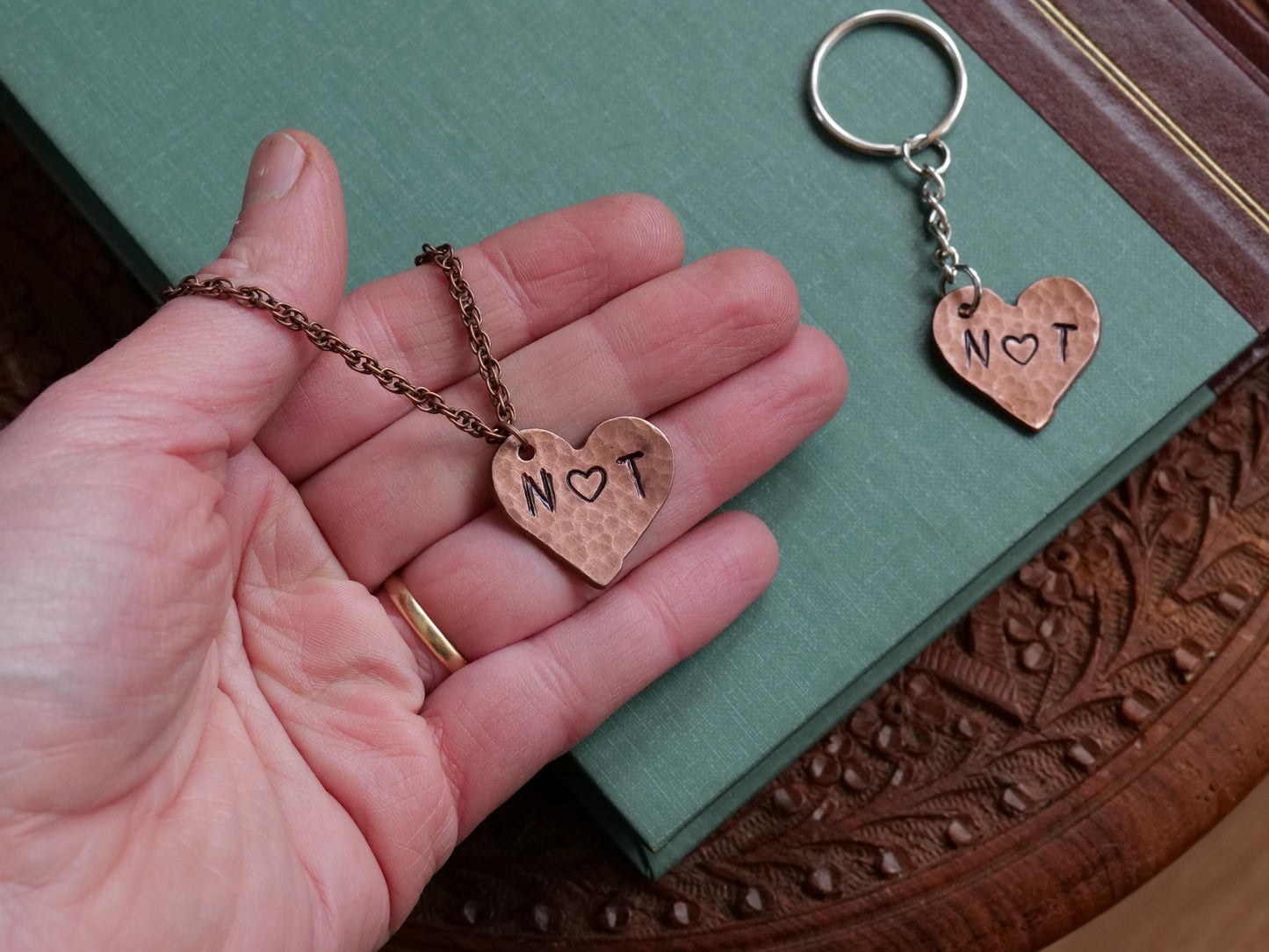 Copper Heart Necklace and Keychain* His and Hers Gifts * Initial Necklace * His and Hers Gift Set * 7 Year Anniversary Gift for Him for Her