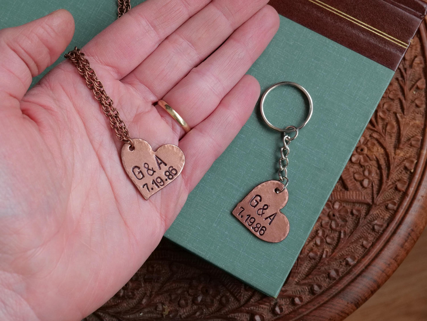 Copper Heart Necklace and Keychain* His and Hers Gifts * Initial Necklace * His and Hers Gift Set * 7 Year Anniversary Gift for Him for Her