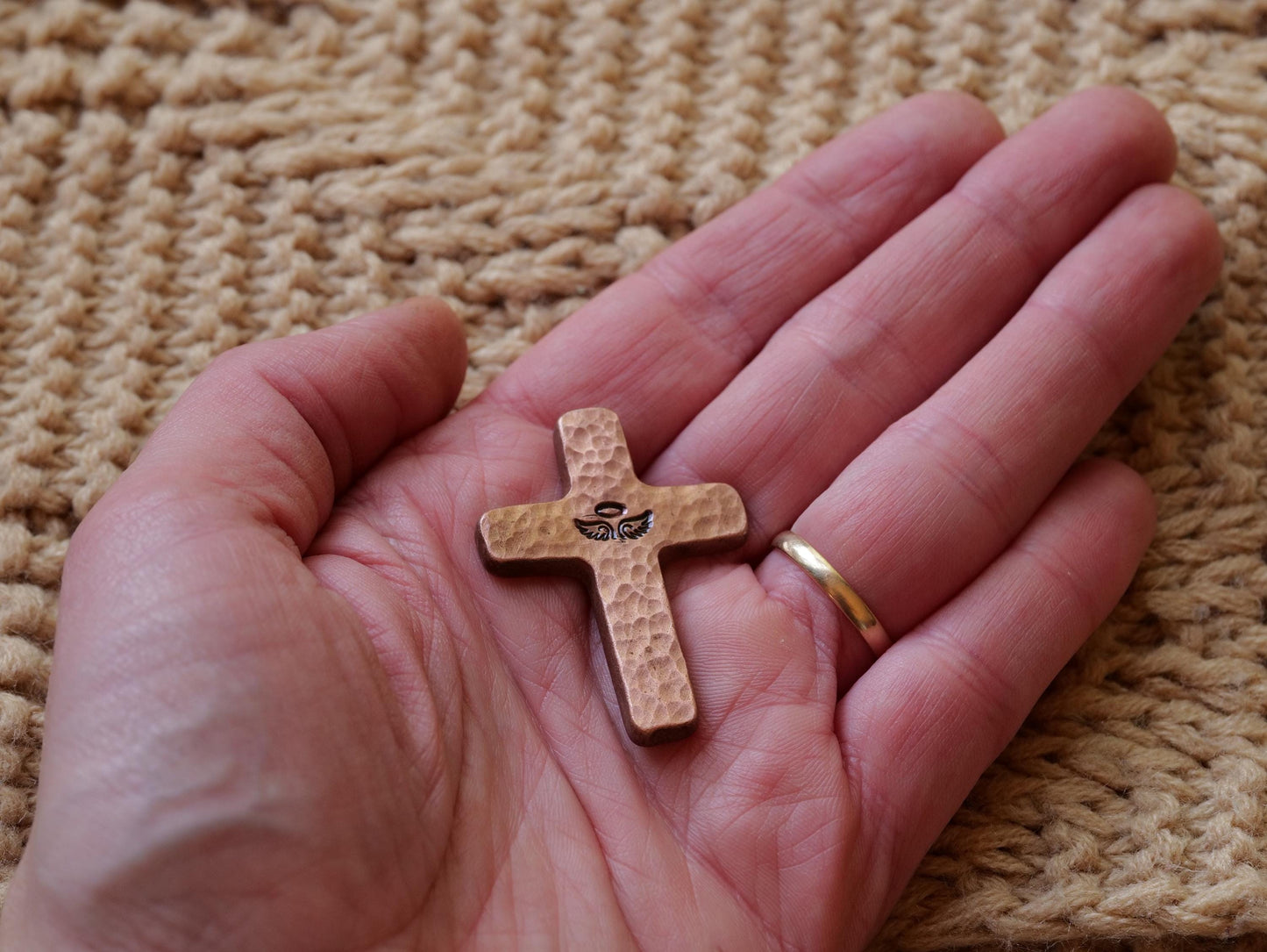 Stamped Angel Wing Cross * Personalized Grief Gifts * Angel Wing Small Cross * Name Pocket Cross for Women for Men * Loved One Memory Gift