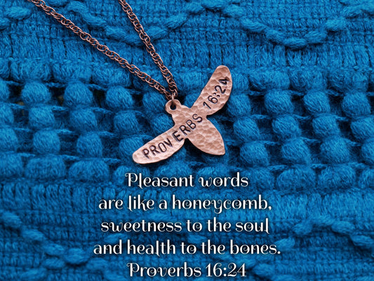 Proverbs 16:24 Pendant * Bible Verse Gifts * Christian Bee Jewelry for Men for Women * Pleasant Words are a Honeycomb Necklace