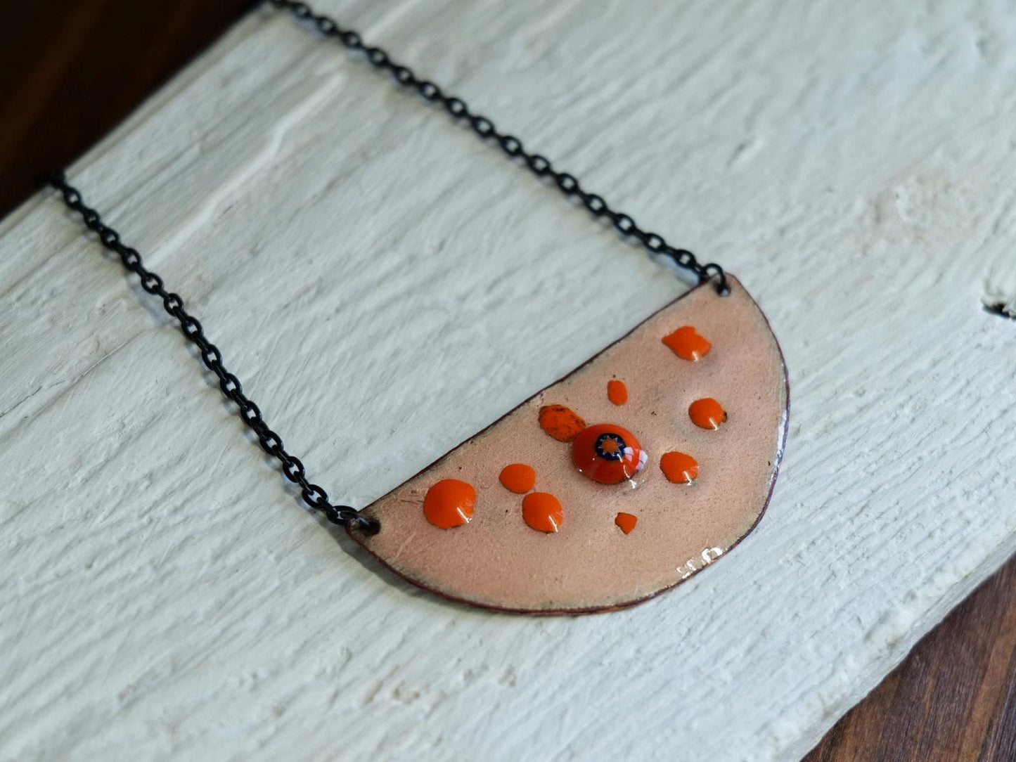 Half Circle Necklace with Flower Design * Enamel Jewelry * Flower Pendant Necklace * Enamel Pendant on Copper *  Handmade Enamel Jewelry