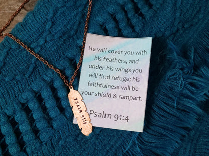 Psalm 91:4 Necklace * Feather Necklace * Bible Verse Gifts * Christian Jewelry for Men for Women  Under His Wings You Will Find Refuge